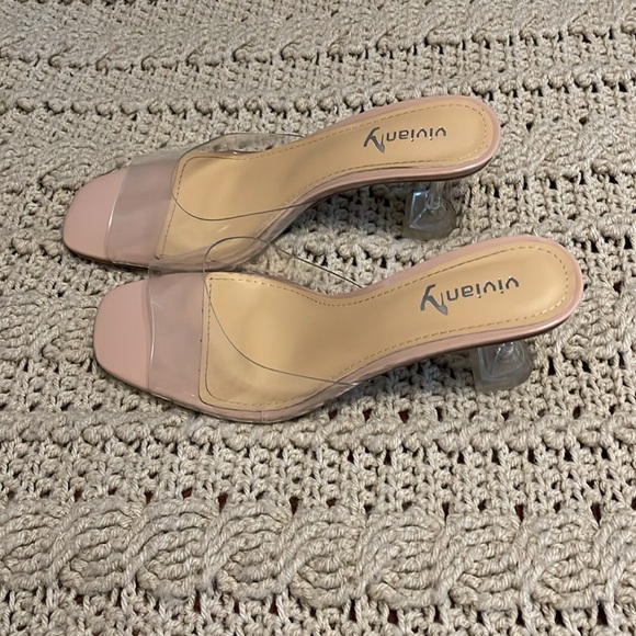 Vivianly Clear  pink‎ Flared Stiletto Heels Mules women’s Size 9 Square Peep Toe - Picture 1 of 12